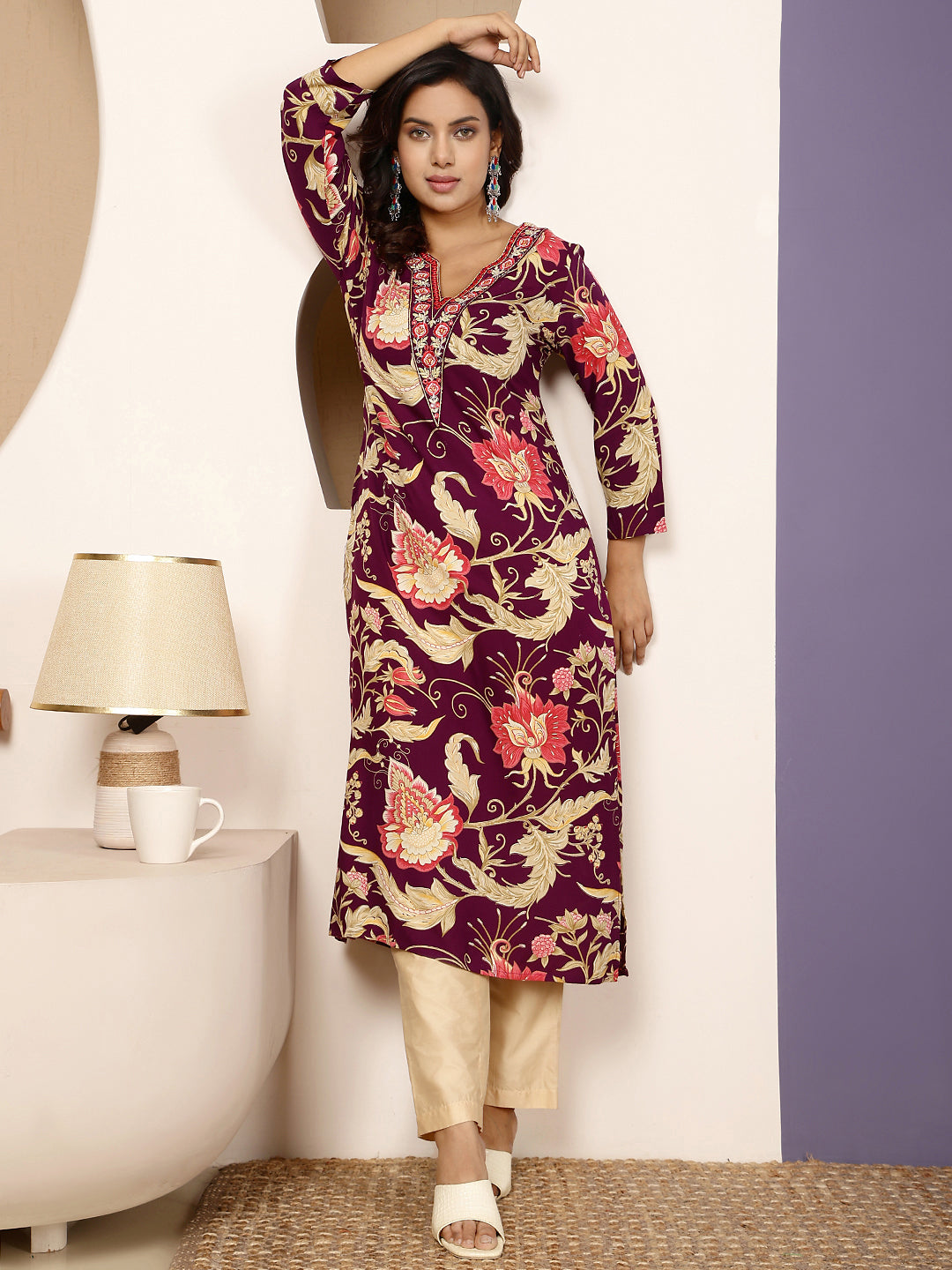 Rayon Calf Length Printed Straight 3/4 Sleeves V Neck Kurta