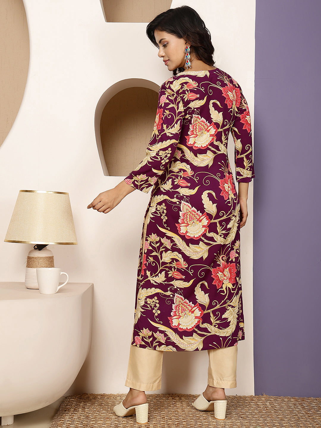Rayon Calf Length Printed Straight 3/4 Sleeves V Neck Kurta