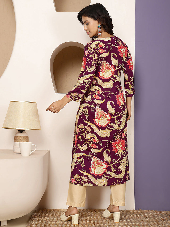 Rayon Calf Length Printed Straight 3/4 Sleeves V Neck Kurta