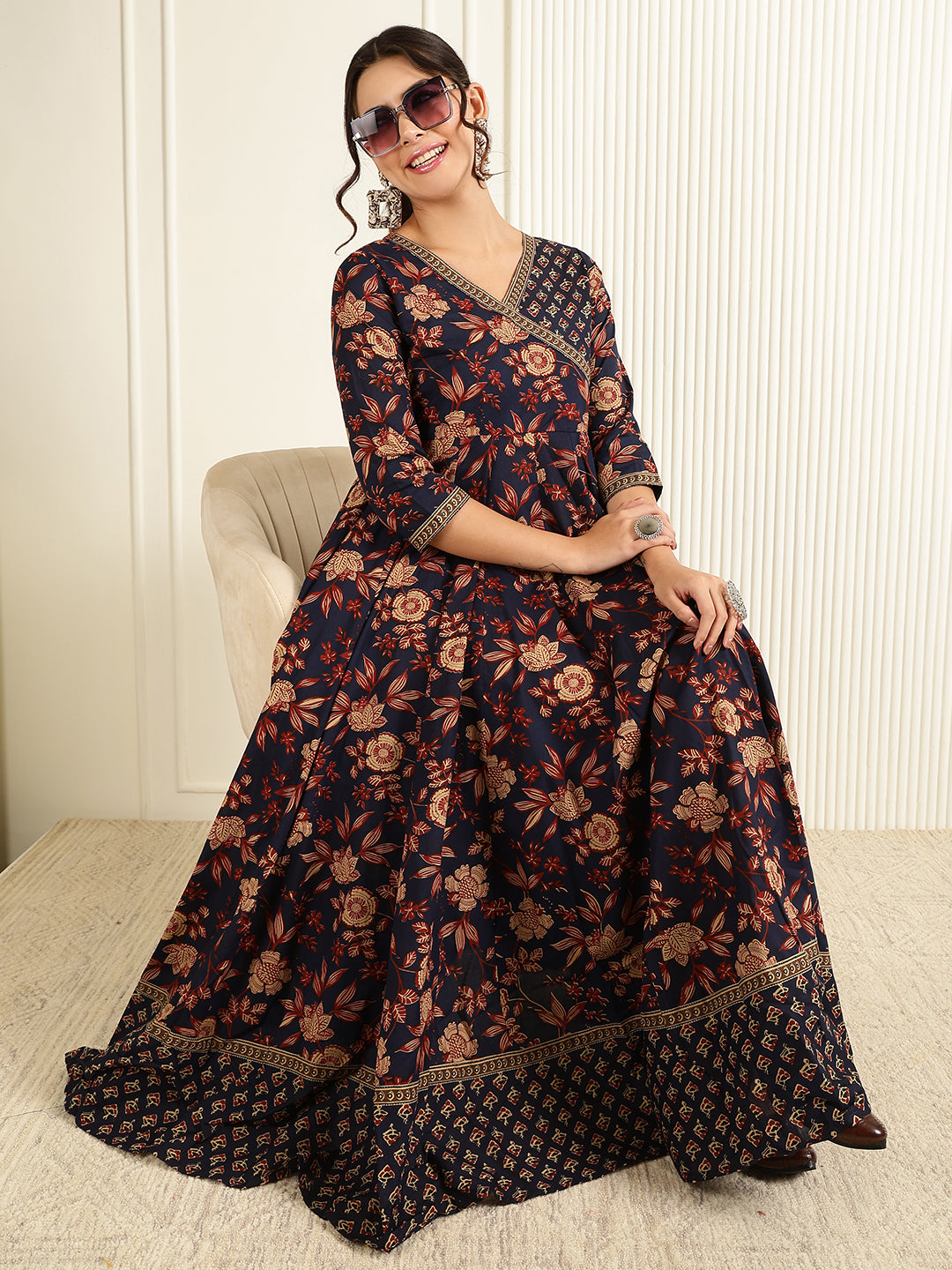 Cotton Ankle Length Printed Flared 3/4 Sleeves V-Neck Gown