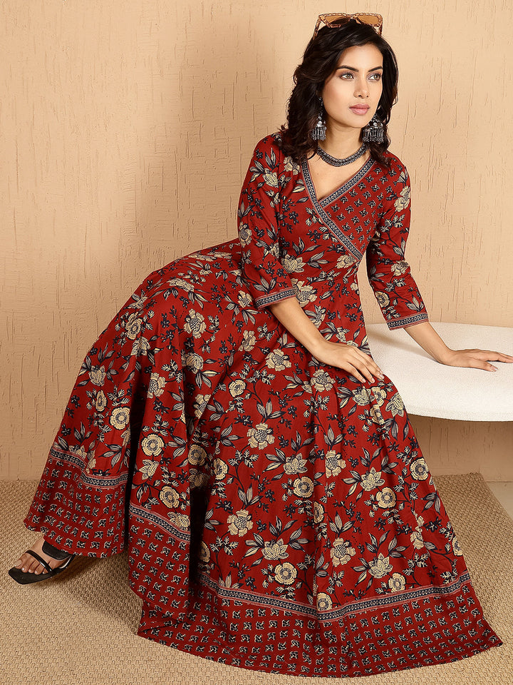 Rayon Ankle Length Printed Flared 3/4 Sleeves V Neck Gown