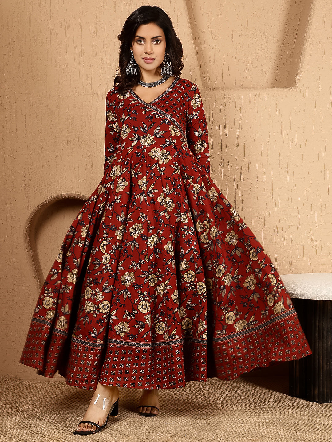 Rayon Ankle Length Printed Flared 3/4 Sleeves V Neck Gown