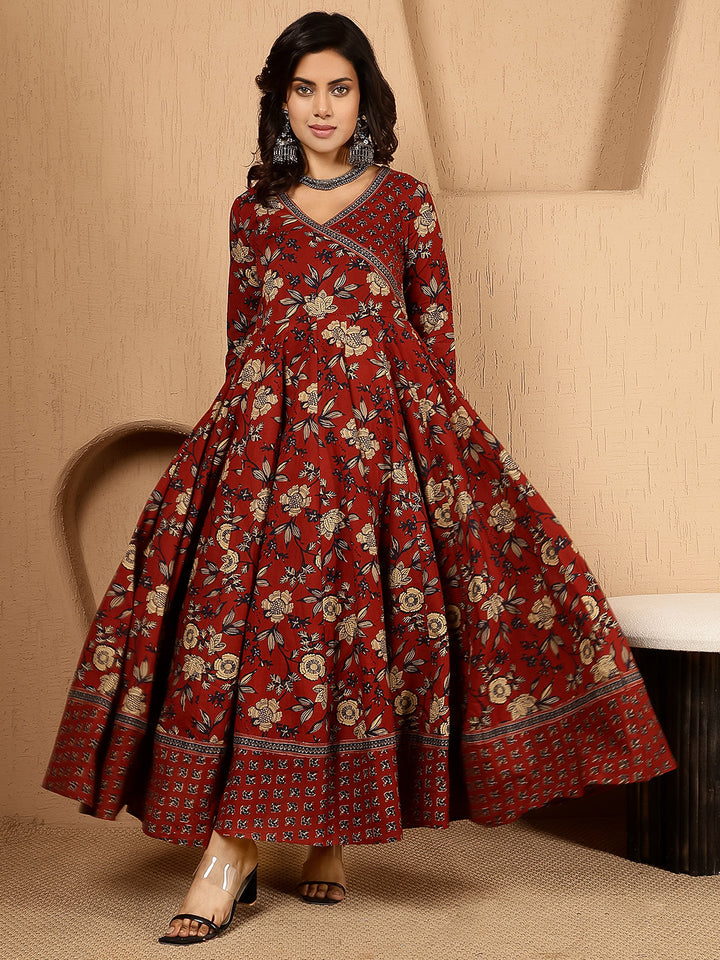 Rayon Ankle Length Printed Flared 3/4 Sleeves V Neck Gown