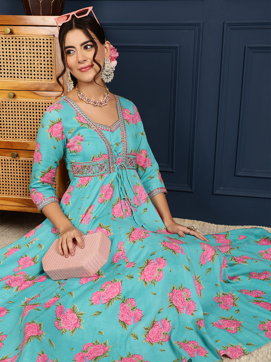Rayon Calf Length Printed Flared 3/4 Sleeves V-Neck Kurta