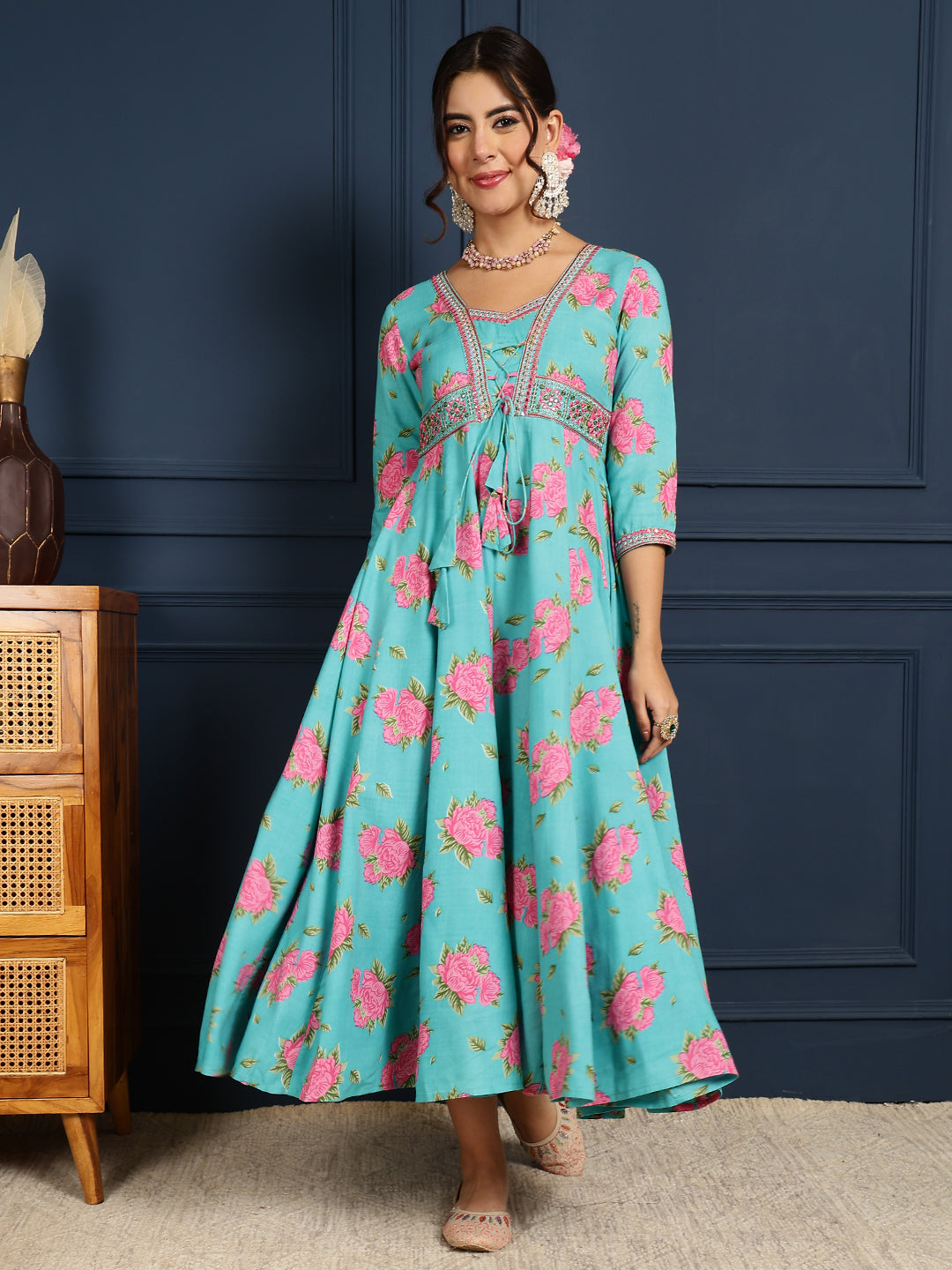 Rayon Calf Length Printed Flared 3/4 Sleeves V-Neck Kurta