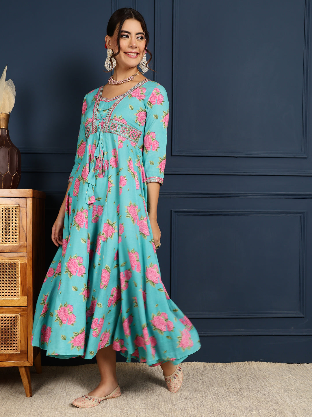 Rayon Calf Length Printed Flared 3/4 Sleeves V-Neck Kurta