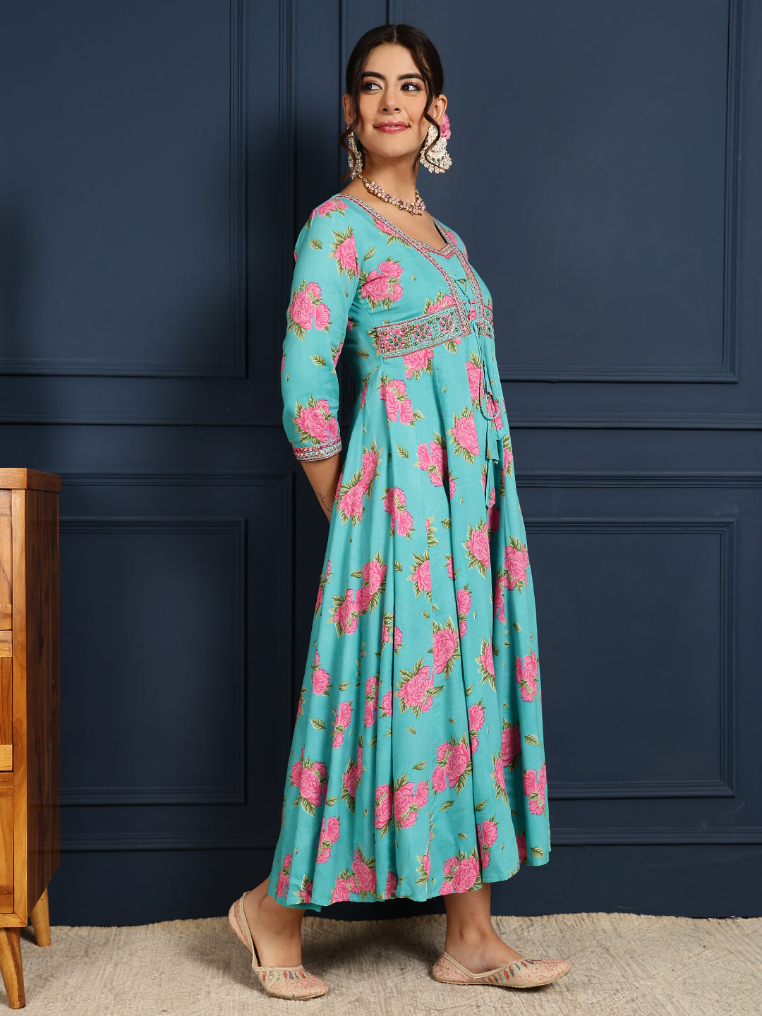 Rayon Calf Length Printed Flared 3/4 Sleeves V-Neck Kurta