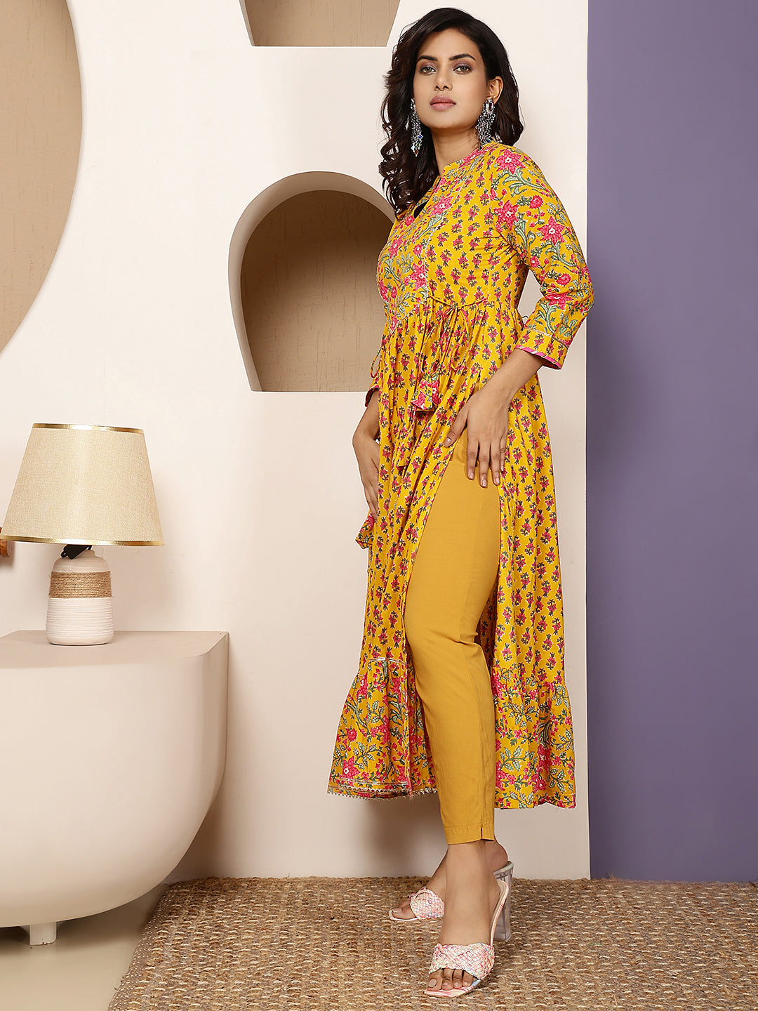Cotton Calf Length Printed Flared 3/4 Sleeves Round Gown