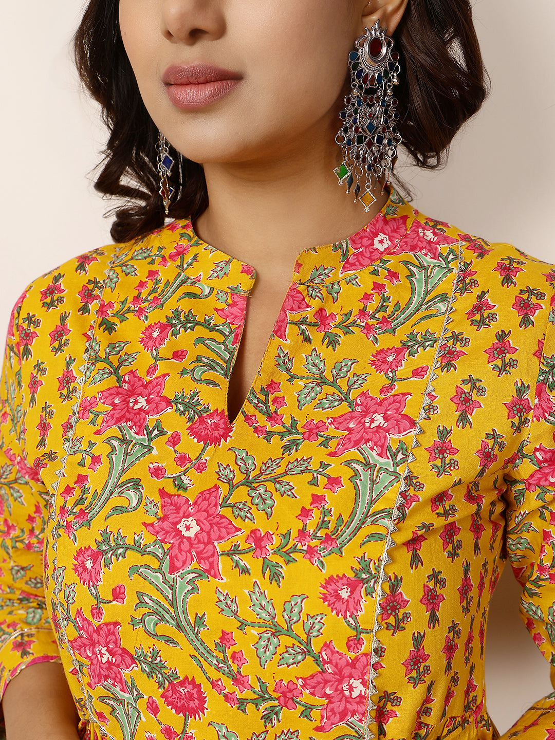 Cotton Calf Length Printed Flared 3/4 Sleeves Round Gown