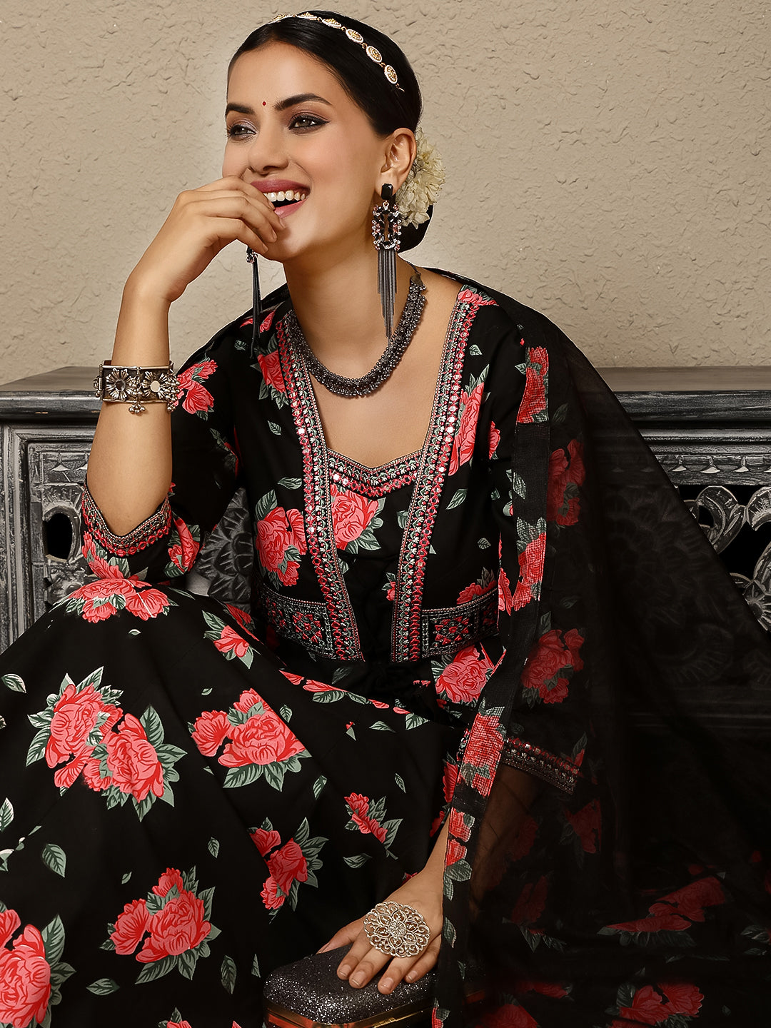 Rayon Calf Length Printed Flared 3/4 Sleeves V Neck Kurta, Bottom With Dupatta