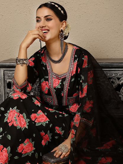 Rayon Calf Length Printed Flared 3/4 Sleeves V Neck Kurta, Bottom With Dupatta