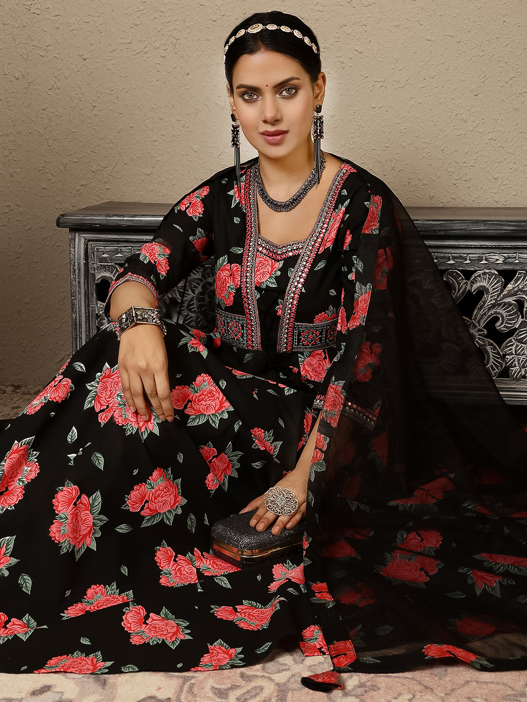 Rayon Calf Length Printed Flared 3/4 Sleeves V Neck Kurta, Bottom With Dupatta
