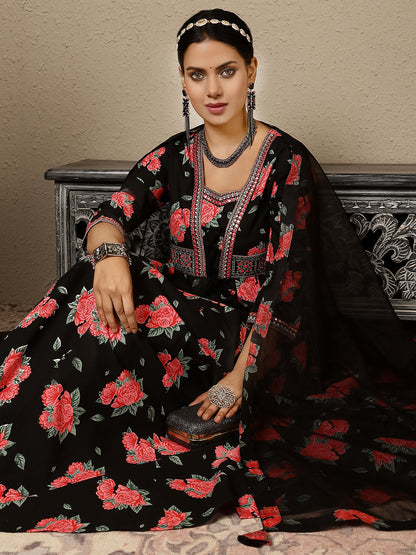 Rayon Calf Length Printed Flared 3/4 Sleeves V Neck Kurta, Bottom With Dupatta