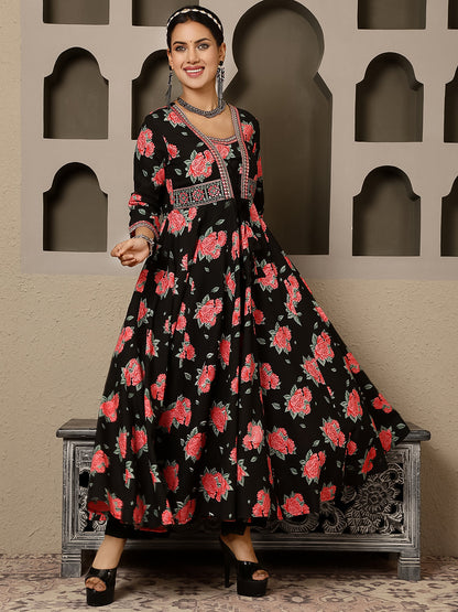 Rayon Calf Length Printed Flared 3/4 Sleeves V Neck Kurta, Bottom With Dupatta