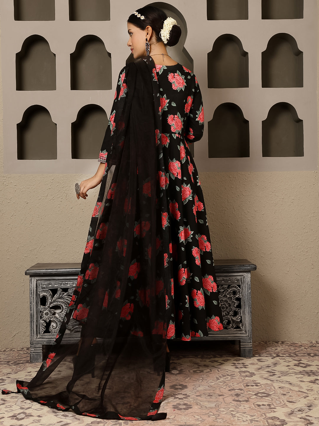 Rayon Calf Length Printed Flared 3/4 Sleeves V Neck Kurta, Bottom With Dupatta