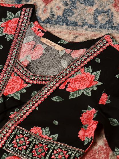 Rayon Calf Length Printed Flared 3/4 Sleeves V Neck Kurta, Bottom With Dupatta