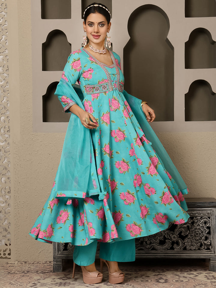 Rayon Calf Length Printed Flared 3/4 Sleeves V Neck Kurta, Bottom With Dupatta