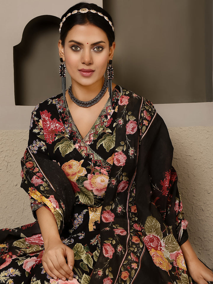 Cotton Calf Length Printed Flared 3/4 Sleeves V Neck Kurta, Bottom With Dupatta