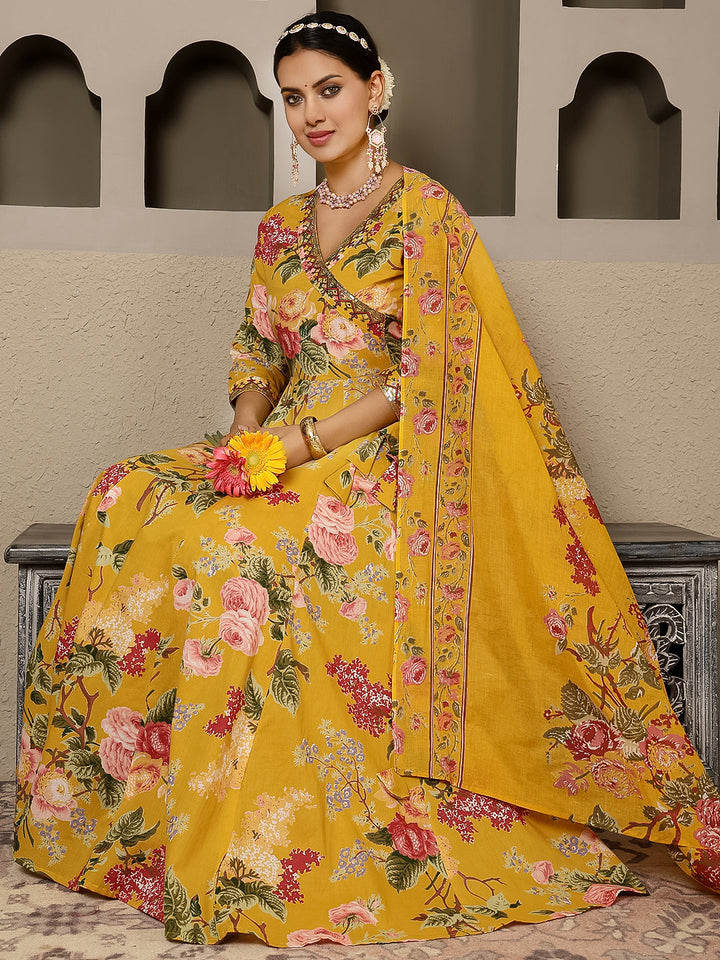 Cotton Calf Length Printed Flared 3/4 Sleeves V Neck Kurta, Bottom With Dupatta