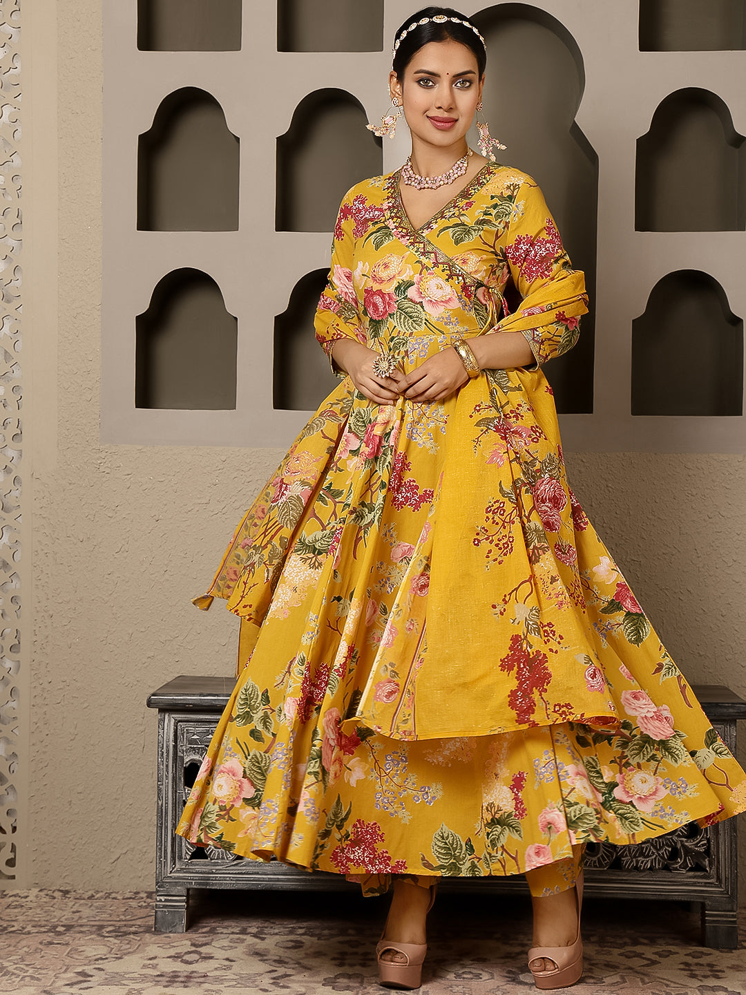 Cotton Calf Length Printed Flared 3/4 Sleeves V Neck Kurta, Bottom With Dupatta