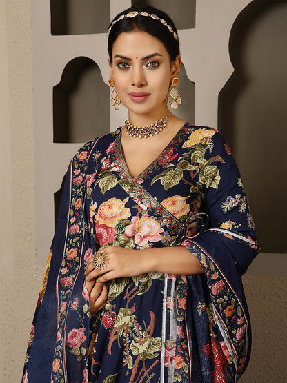 Cotton Calf Length Printed Flared 3/4 Sleeves V Neck Kurta, Bottom With Dupatta