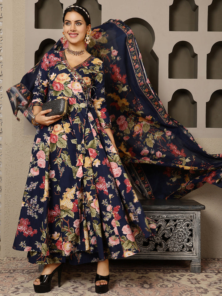 Cotton Calf Length Printed Flared 3/4 Sleeves V Neck Kurta, Bottom With Dupatta