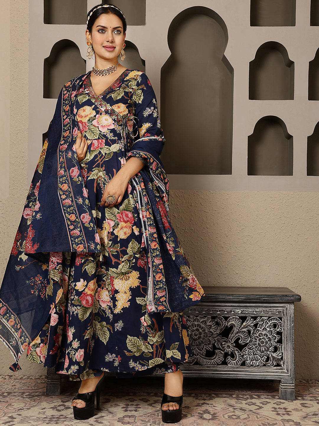 Cotton Calf Length Printed Flared 3/4 Sleeves V Neck Kurta, Bottom With Dupatta