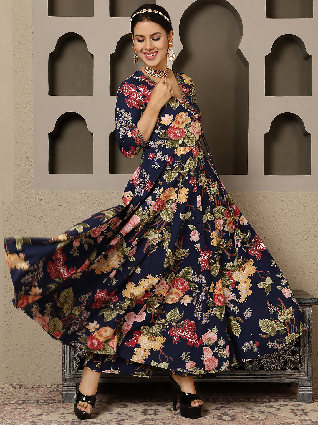 Cotton Calf Length Printed Flared 3/4 Sleeves V Neck Kurta, Bottom With Dupatta