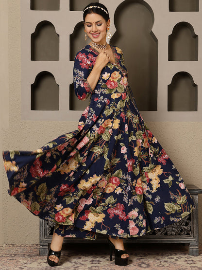 Cotton Calf Length Printed Flared 3/4 Sleeves V Neck Kurta, Bottom With Dupatta