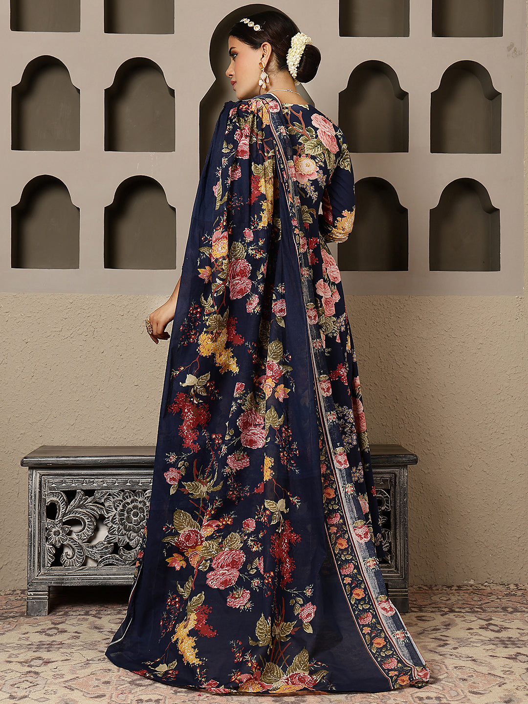 Cotton Calf Length Printed Flared 3/4 Sleeves V Neck Kurta, Bottom With Dupatta