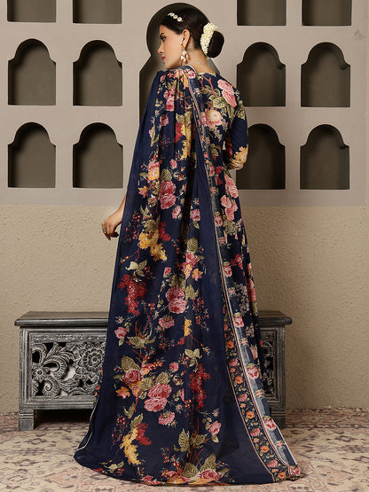 Cotton Calf Length Printed Flared 3/4 Sleeves V Neck Kurta, Bottom With Dupatta