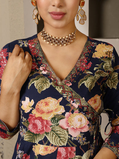 Cotton Calf Length Printed Flared 3/4 Sleeves V Neck Kurta, Bottom With Dupatta