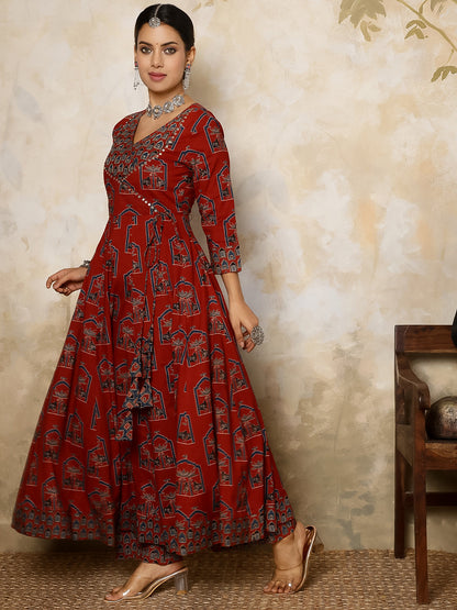 Cotton Calf Length Printed Flared 3/4 Sleeves V Neck Kurta, Bottom With Dupatta