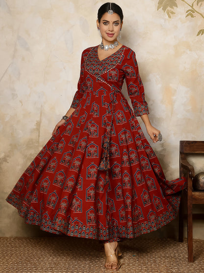 Cotton Calf Length Printed Flared 3/4 Sleeves V Neck Kurta, Bottom With Dupatta