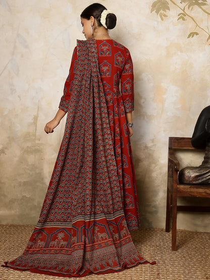 Cotton Calf Length Printed Flared 3/4 Sleeves V Neck Kurta, Bottom With Dupatta