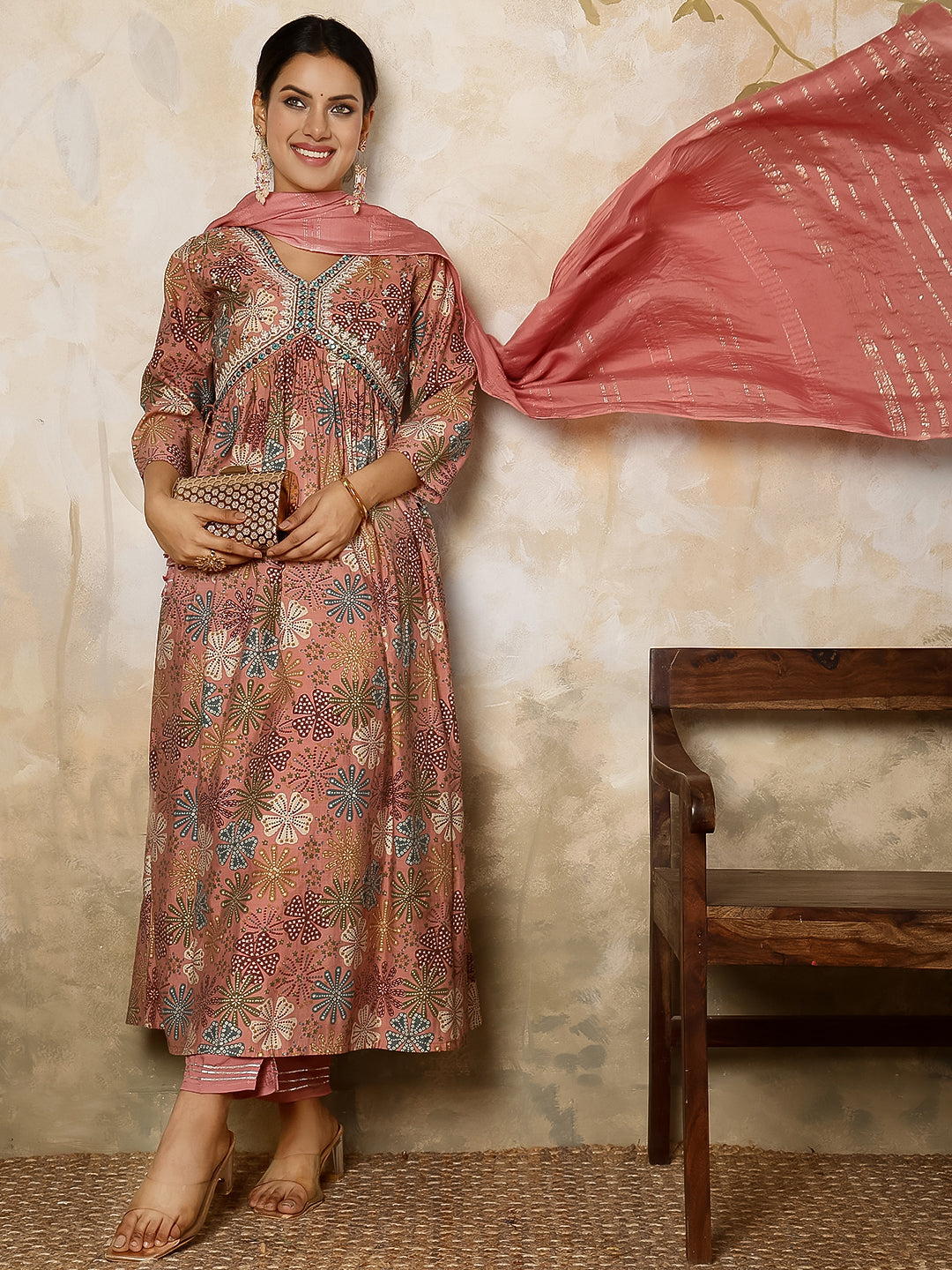 Rayon Calf Length Printed Flared 3/4 Sleeves V Neck Kurta, Bottom With Dupatta