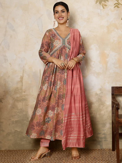 Rayon Calf Length Printed Flared 3/4 Sleeves V Neck Kurta, Bottom With Dupatta