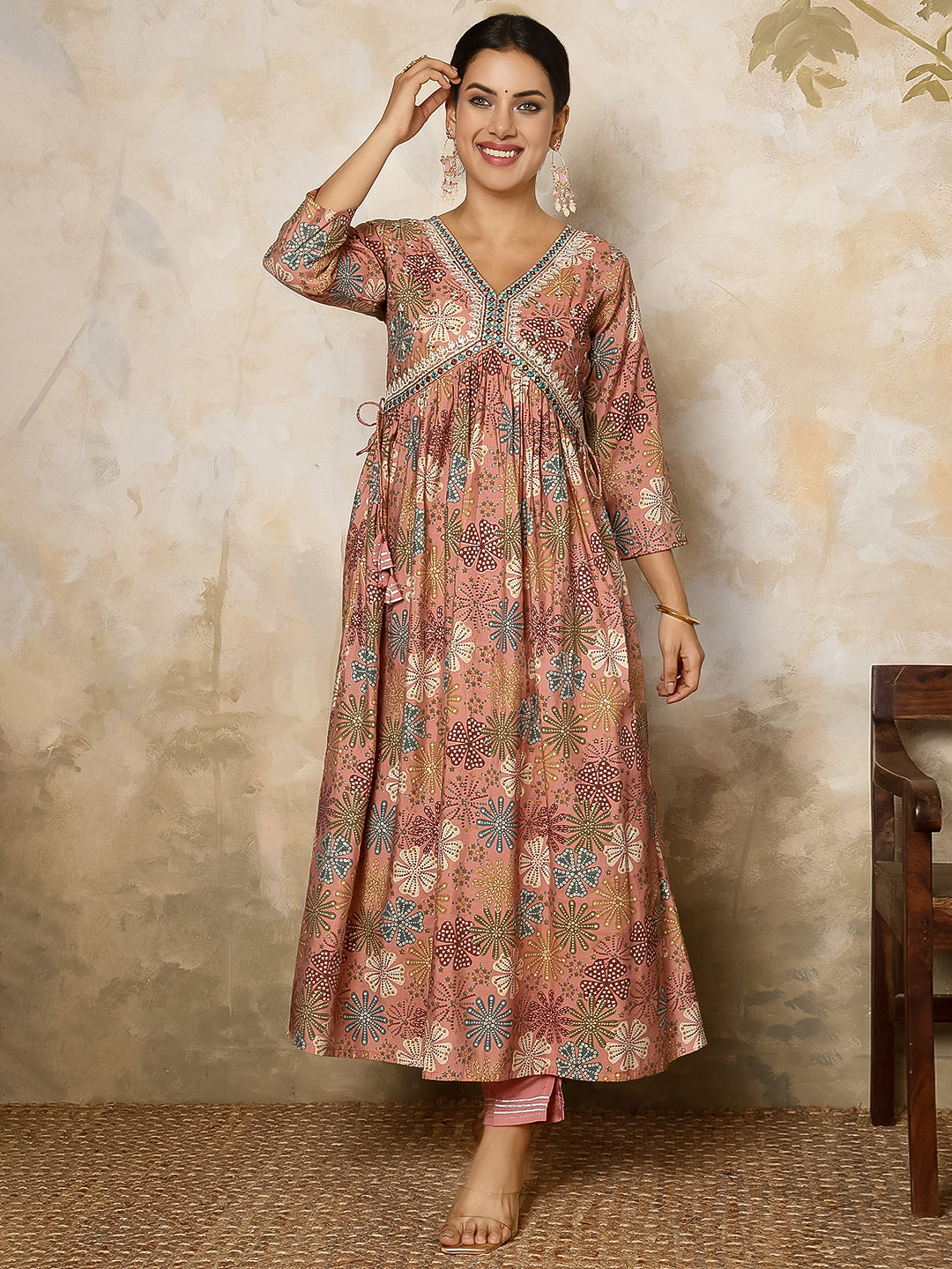Rayon Calf Length Printed Flared 3/4 Sleeves V Neck Kurta, Bottom With Dupatta