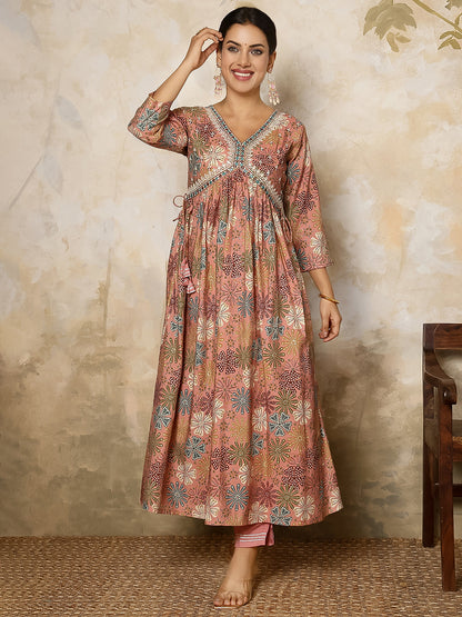 Rayon Calf Length Printed Flared 3/4 Sleeves V Neck Kurta, Bottom With Dupatta
