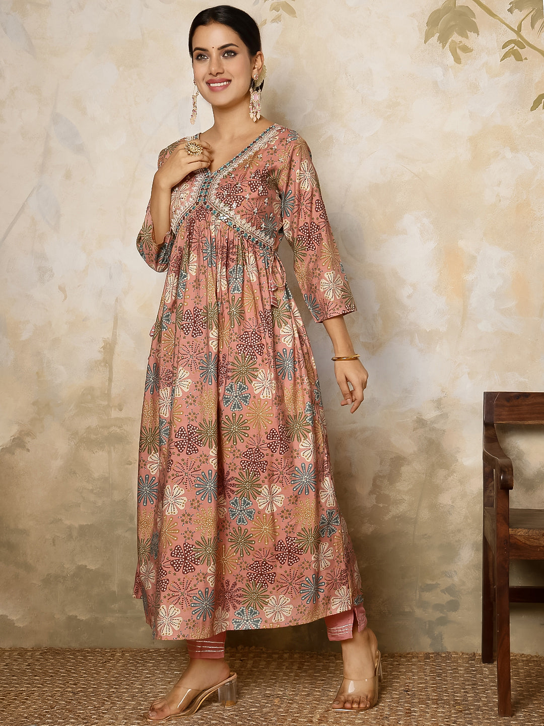 Rayon Calf Length Printed Flared 3/4 Sleeves V Neck Kurta, Bottom With Dupatta