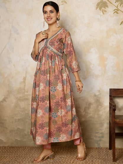 Rayon Calf Length Printed Flared 3/4 Sleeves V Neck Kurta, Bottom With Dupatta