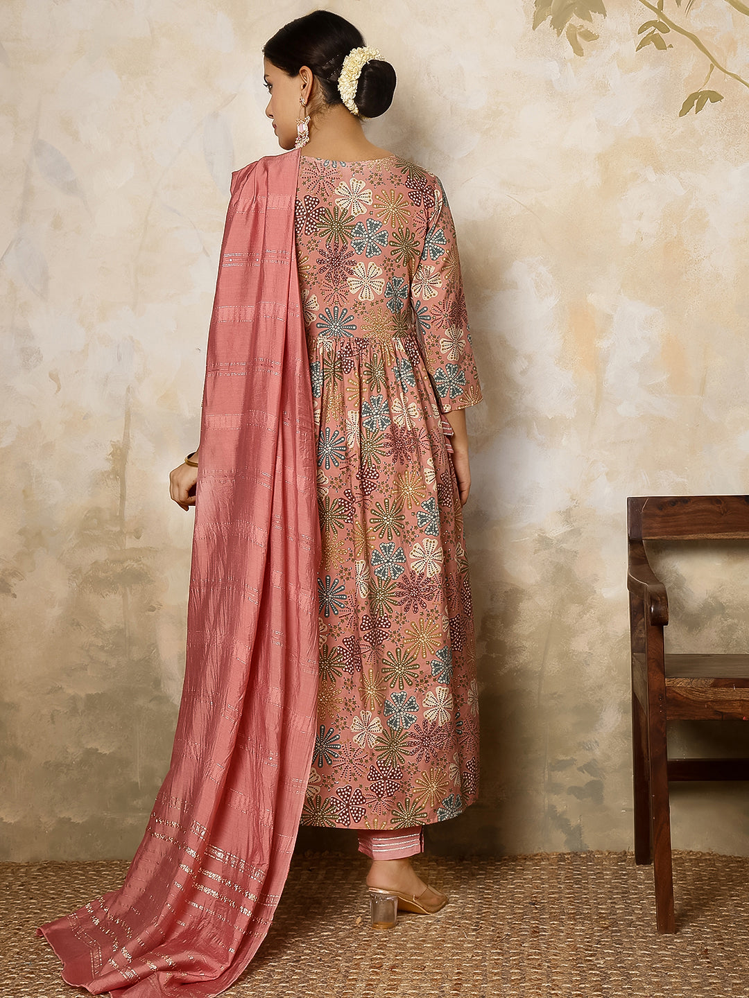 Rayon Calf Length Printed Flared 3/4 Sleeves V Neck Kurta, Bottom With Dupatta