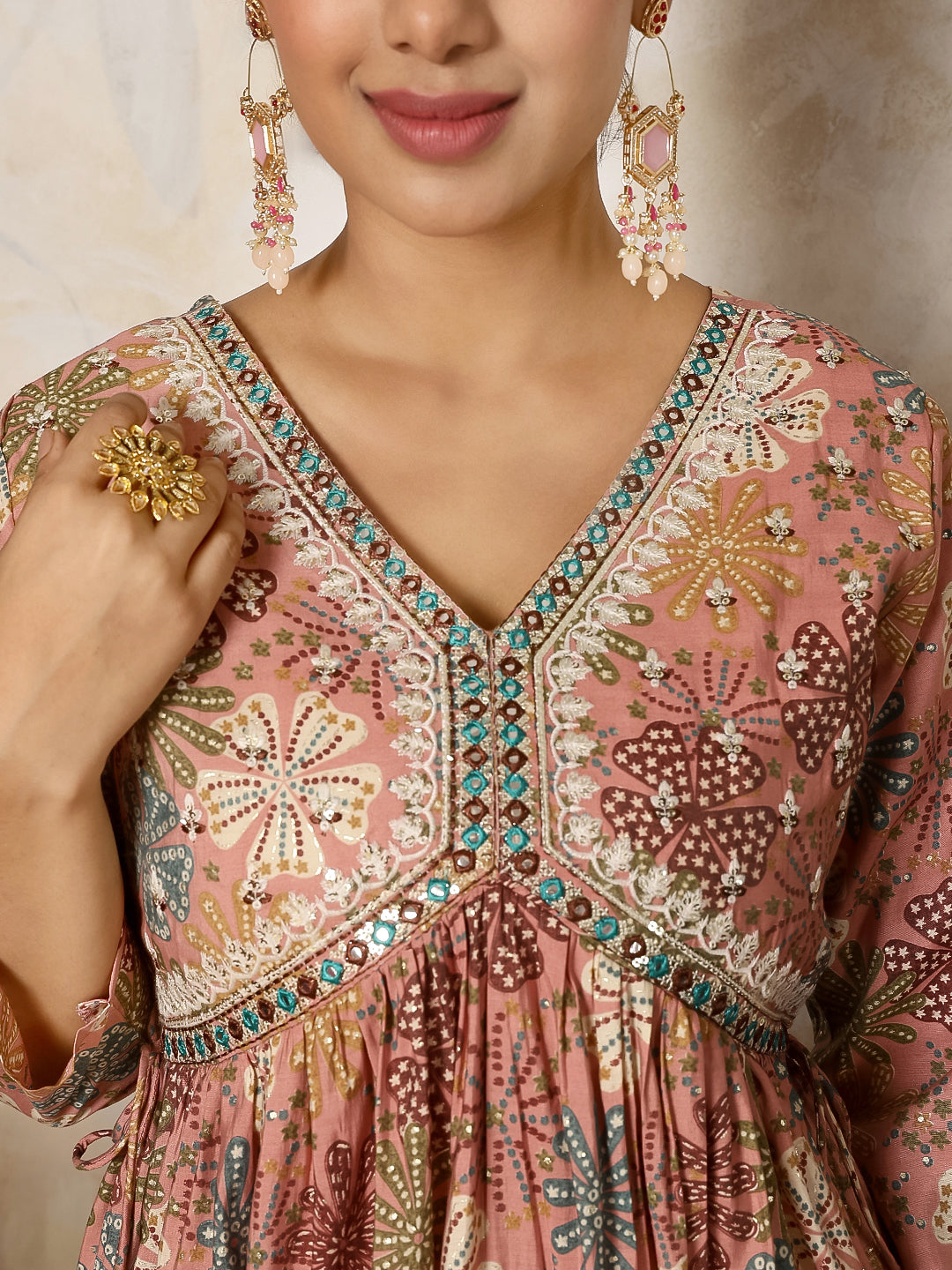 Rayon Calf Length Printed Flared 3/4 Sleeves V Neck Kurta, Bottom With Dupatta