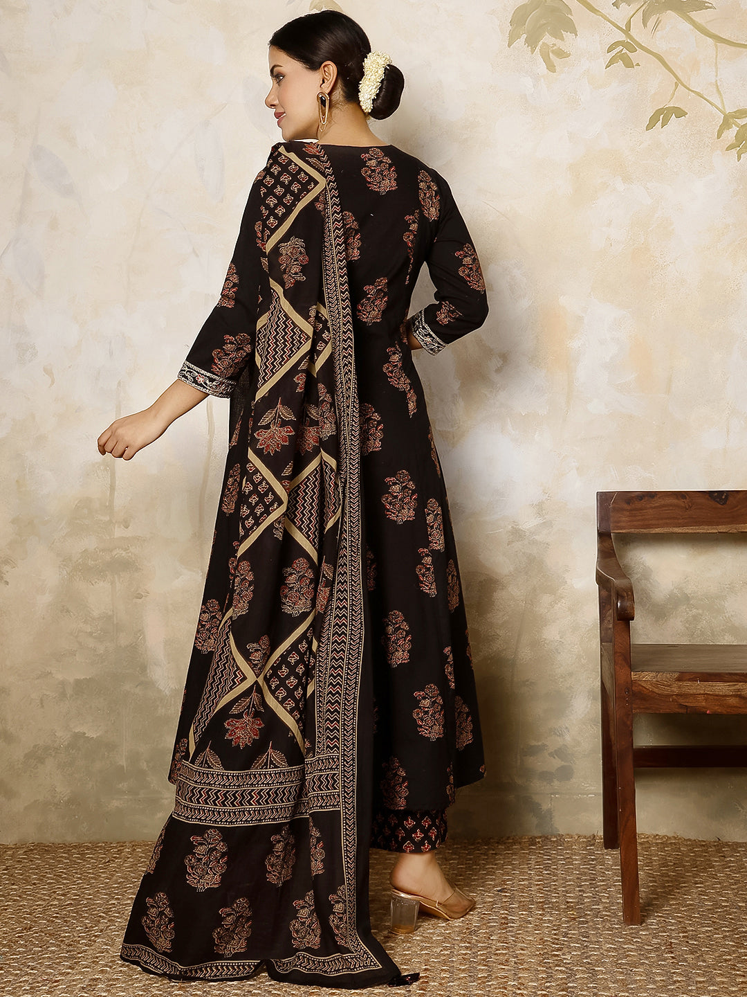 Cotton Calf Length Printed Flared 3/4 Sleeves V Neck Kurta, Bottom With Dupatta