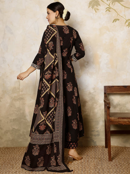 Cotton Calf Length Printed Flared 3/4 Sleeves V Neck Kurta, Bottom With Dupatta