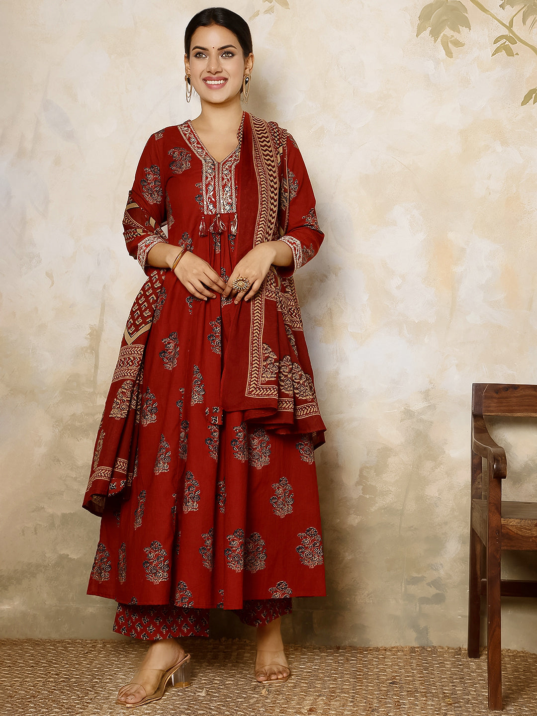 Cotton Calf Length Printed Flared 3/4 Sleeves V Neck Kurta, Bottom With Dupatta