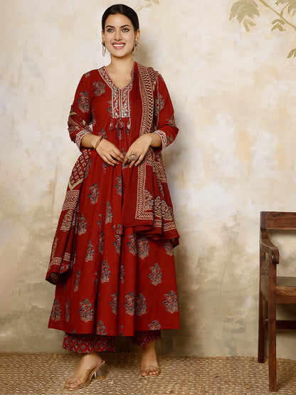Cotton Calf Length Printed Flared 3/4 Sleeves V Neck Kurta, Bottom With Dupatta