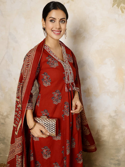 Cotton Calf Length Printed Flared 3/4 Sleeves V Neck Kurta, Bottom With Dupatta