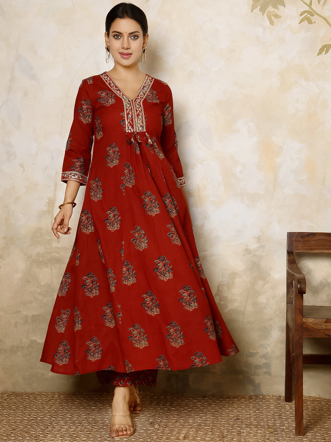 Cotton Calf Length Printed Flared 3/4 Sleeves V Neck Kurta, Bottom With Dupatta