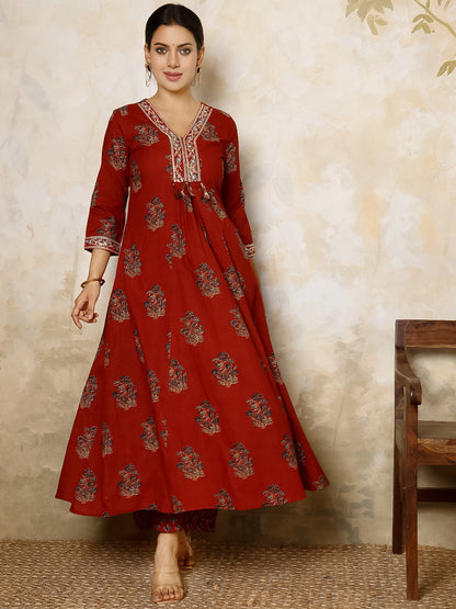 Cotton Calf Length Printed Flared 3/4 Sleeves V Neck Kurta, Bottom With Dupatta